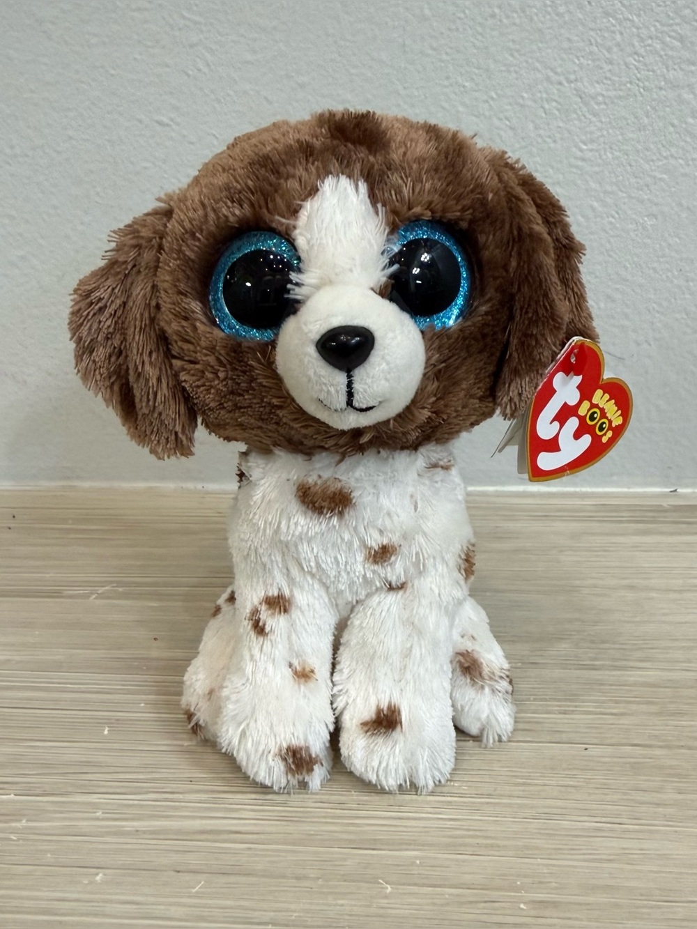 Ty Beanie Boo Plush Puppy dog kids toy stuffed animal Brown, White Blue Eyes NWT